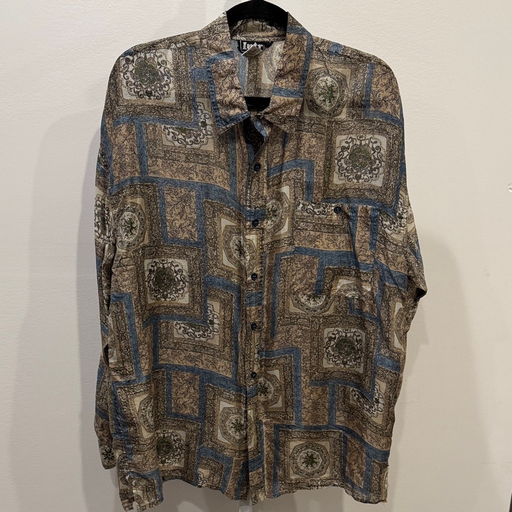 Vintage Intro Geometric Patterned Shirt Blue Brown Men Size XL Silk Long Sleeve